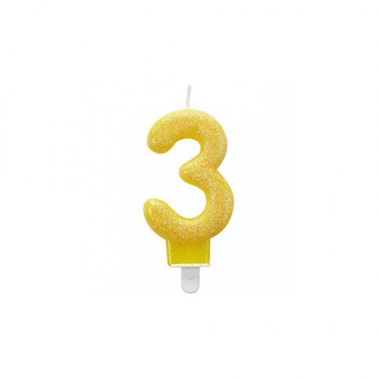 7am9900764 candela gialla glitterata numero 3 h. 7.5 cm