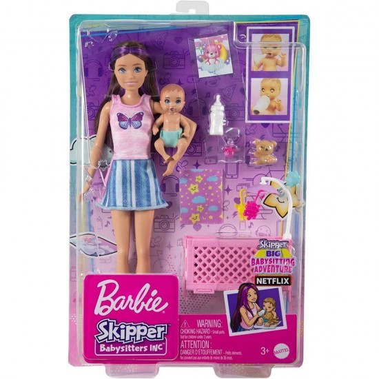Hjy33 barbie skipper baby sitter con maglietta rosa egonnellina azzurra
