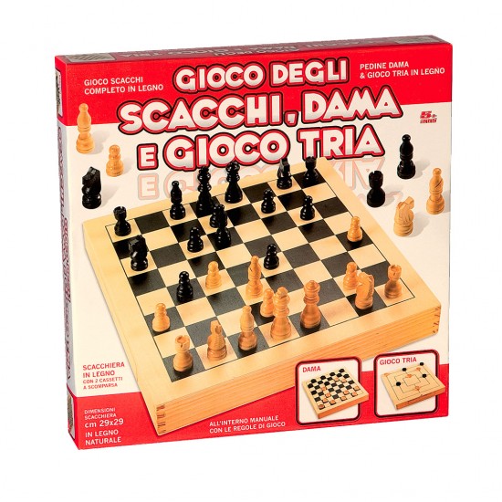 8223 scacchi dama e tria legno cm 29x29