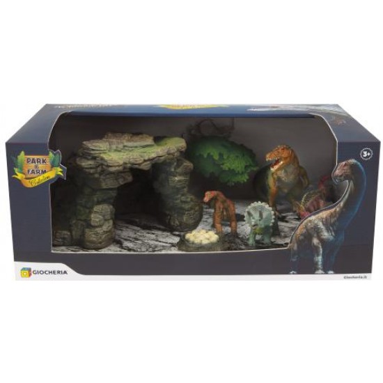 Ggi220195/1 park & farm set 5 dinosauri con caverna 2 modelli