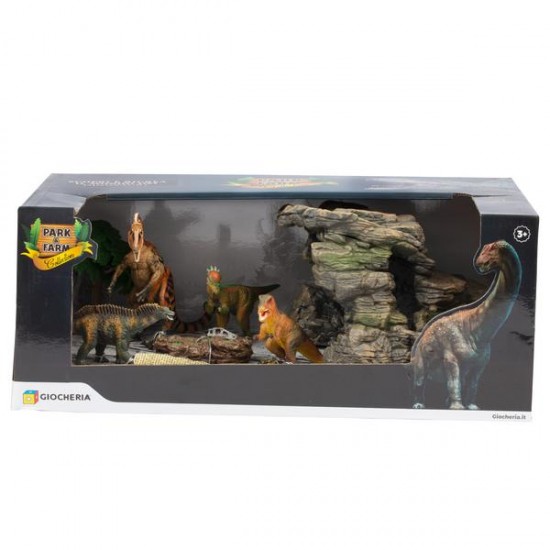 Ggi220195/2 park & farm set 5 dinosauri con caverna 2 modelli