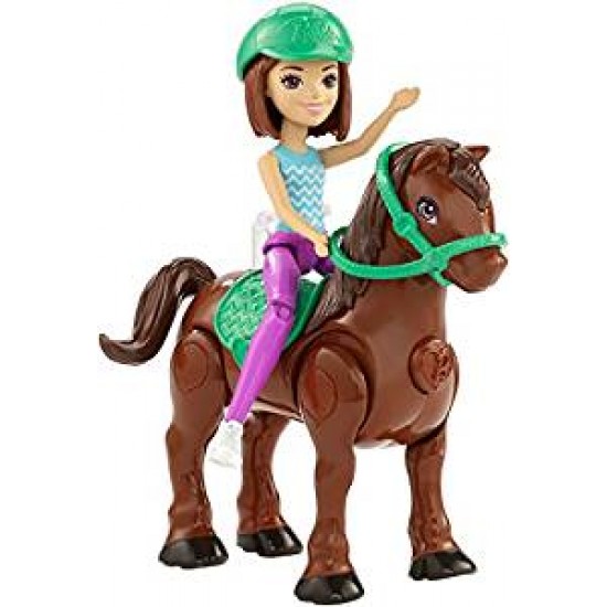 Fhv62 barbie bambola castana con mini pony color marrone chiaro e sellino verde
