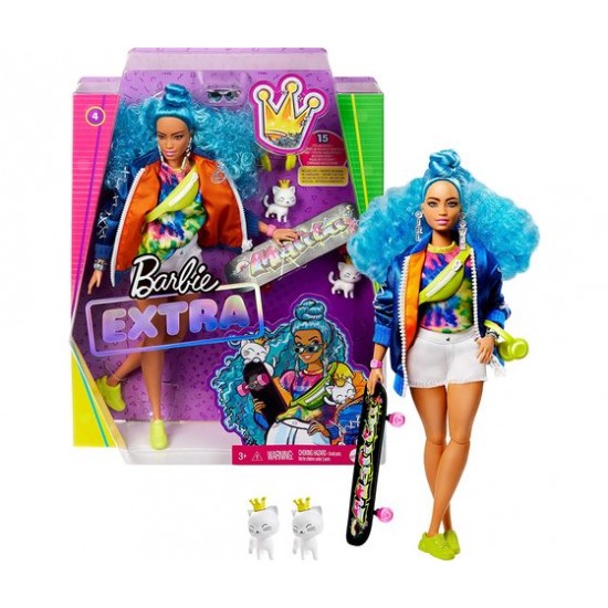 Grn30 barbie extra con capelli azzurri 2 gattini e skateboard