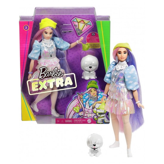 Gvr05 barbie extra con capelli viola e rosa  e un buffo cagnolino